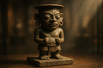 Ancient stone statue of a stern-faced figure, a relic of a lost civilization