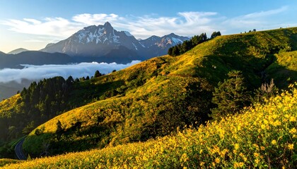Blooming yellow fields on a sloping hillside beneath snow-capped peaks and distant clouds