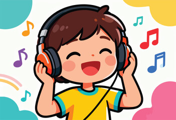 A cartoon child wearing headphones and listening to music, surrounded by colorful musical notes