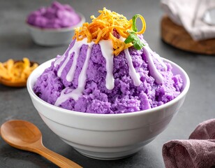 Bowl of purple yam dessert topped with white sauce and fried toppings, with a wooden spoon on a textured surface