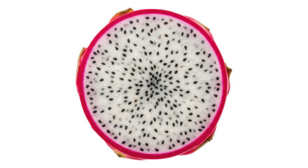 Isolated cross section of a fresh dragon fruit showing its seeds, pink rind and sweet white pulp