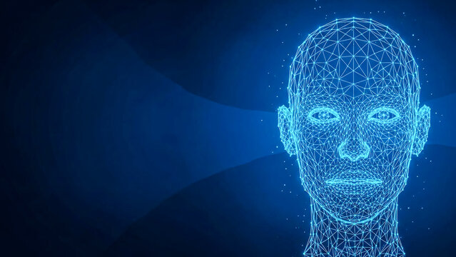 This 3D render features a human head depicted as a glowing wireframe mesh against a blue background, symbolizing artificial intelligence and digital innovation.