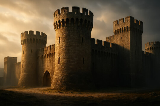 Ancient stone castle with towers and a gate under a dramatic sky