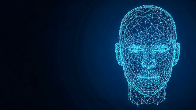 This abstract representation showcases a human head formed from interconnected blue digital lines and points, illustrating advanced AI, big data, and cybersecurity concepts for modern tech.