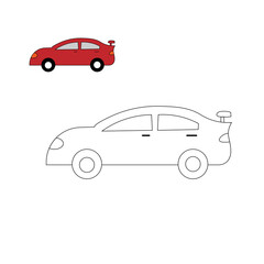 A vector coloring page of a sporty car with sample colors. Perfect for kids’ activities, worksheets, and creative learning projects.