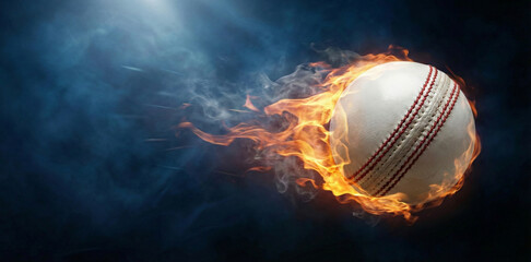 Fiery Cricket Ball in Motion: An extraordinary sight unfolds as a cricket ball blazes through the air, enshrouded in flames and smoke. showcasing power and dynamic action.
