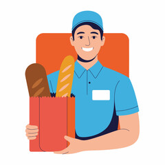 A cheerful delivery person with a blue uniform grins while holding a bag full of fresh bread, symbolizing joyful service and the convenience of food delivery in modern times.