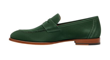 Isolated green leather Penny Loafer footwear, men's fashion shoe for casual or formal style