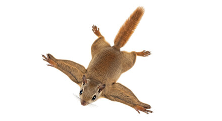 Isolated Southern flying squirrel gliding toward camera, facing down, furry mammal, tail up