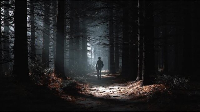 Dark Forest Corridor Illuminated Light Shafts