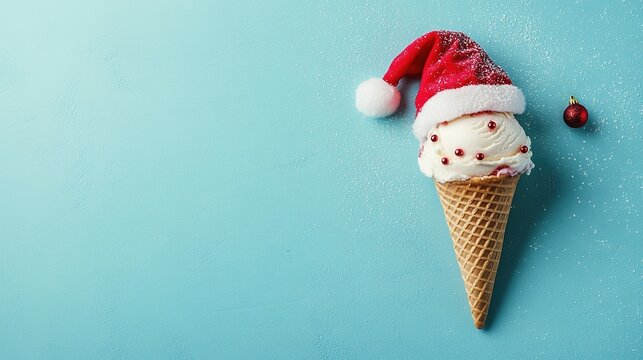 christmas-themed ice cream cone with a santa hat on a blue background, providing a concept for christmas advertising and menu design, copy space