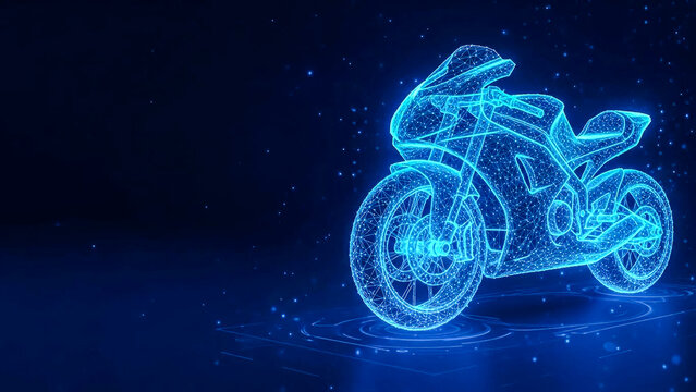 This captivating image presents a high-tech polygonal motorbike, glowing with intricate lines and dots, symbolizing smart mobility solutions and advanced automotive research and development.