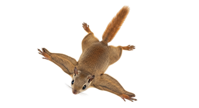 Isolated Southern flying squirrel gliding toward camera, facing down, furry mammal, tail up