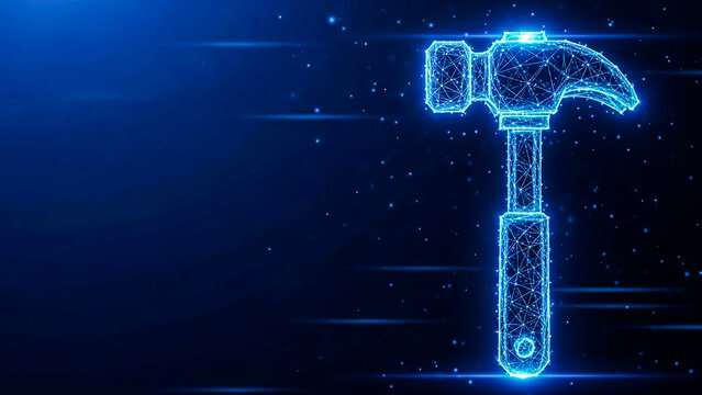 A modern conceptual image of a glowing blue wireframe hammer, set against a vibrant digital blue background, perfect for technology, engineering, and repair themes.
