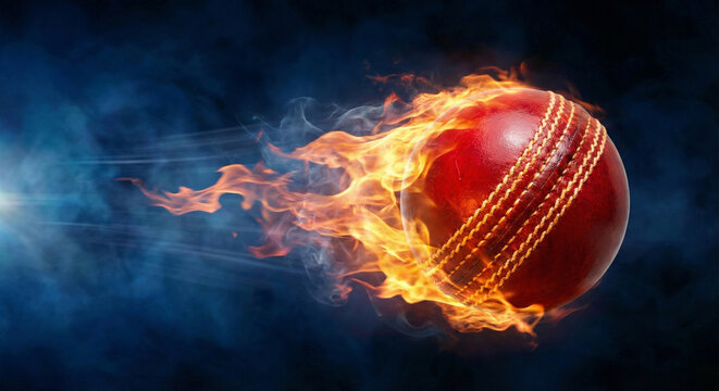 Fiery Cricket Ball in Action: The dynamic image of a cricket ball engulfed in flames, symbolizing power, speed, and the heat of competition, set against a dark, dramatic backdrop.