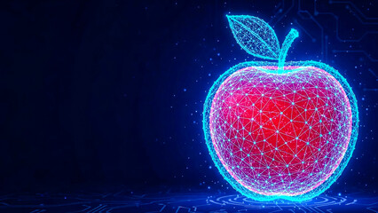 Futuristic glowing wireframe apple with a vibrant red core and blue outline, set against an intricate digital circuit board pattern, illustrating technology and health innovation