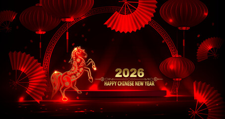 Happy Chinese New Year. Illustration with a golden, exquisite fire horse on a podium.