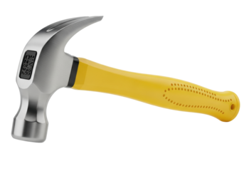 Isolated claw hammer with ergonomic yellow fiberglass handle for carpentry and construction