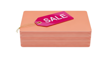 Isolated stack of gift cards for sale in hot pink with a gold string on a present stack