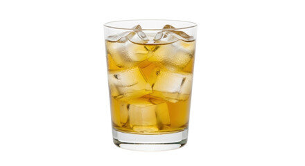 Isolated old fashioned cocktail, golden drink on the rocks, filled glass with ice cubes