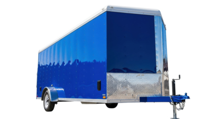 Isolated blue enclosed trailer with a silver roof is ready for transporting cargo and goods
