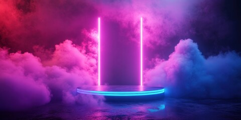 Dynamic neon cylinder podium display futuristic arena digital art sci-fi environment aerial view abstract geometric concept