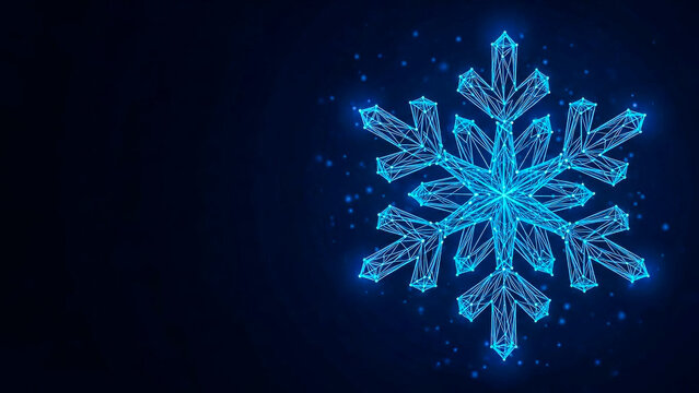 A futuristic abstract blue glowing snowflake composed of connected polygonal lines and dots, representing winter, technology, data, innovation, and digital concepts, with ample space for text. - Powered by Adobe
