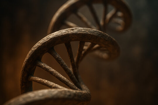 Close-up of a DNA double helix model, representing genetics and scientific research - Powered by Adobe
