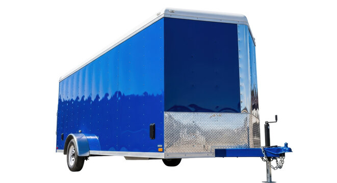 Isolated blue enclosed trailer with a silver roof is ready for transporting cargo and goods