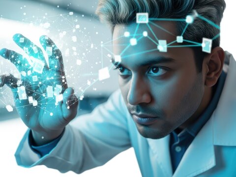 Man in lab coat interacts with digital interface isolated on white background