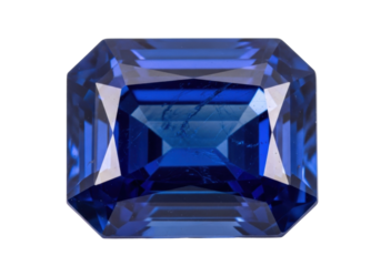 Isolated rectangular brilliant-cut gemstone. Jewel with intense, saturated blue color, facet