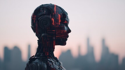 A futuristic robot head silhouette against a city skyline, showcasing intricate circuit patterns and a blend of technology and human-like features.