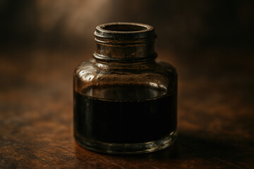 Antique ink bottle with dark liquid on a wooden surface, close-up shot