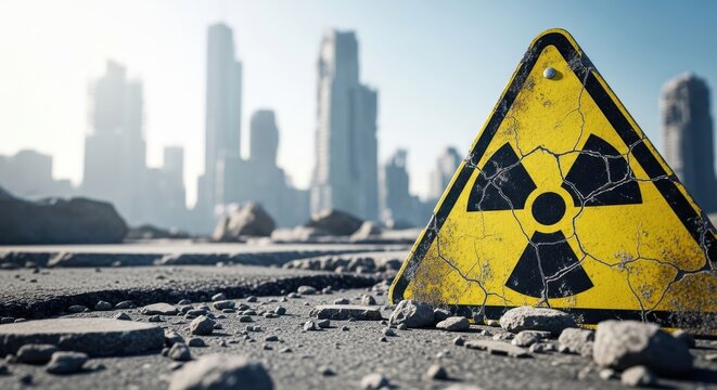 Radioactive warning sign on cracked ground in a desolate city landscape - Powered by Adobe
