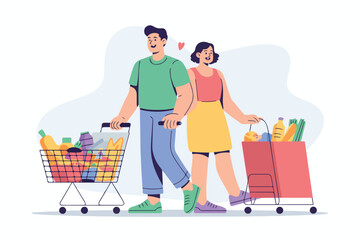 A couple, illustrated, is grocery shopping. A shopping cart and a paper bag are filled with food items. There's a heart