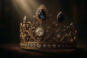 Elegant gold crown with diamonds and sapphires, luxury and royalty concept