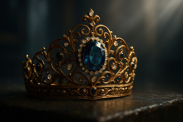 Exquisite golden crown with a large blue gemstone and sparkling diamonds