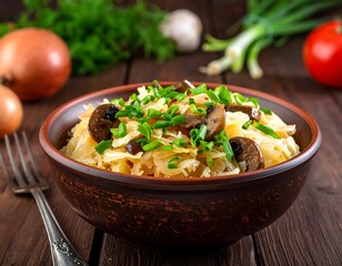 Bowl of sauerkraut topped with mushrooms and chives on a wooden table, surrounded by fresh vegetables