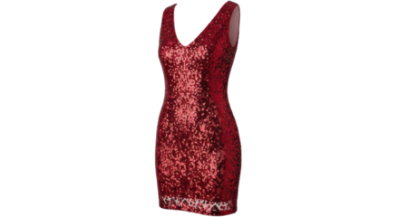 Isolated sleeveless red sequin dress with v-neck on a mannequin ready for an event