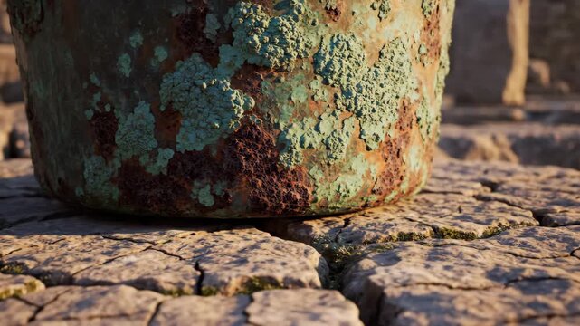 Aged Metal Pot on Stone Surface - A close-up shot shows a rustic metal pot with a weathered, aged patina sitting on a cracked stone surface.