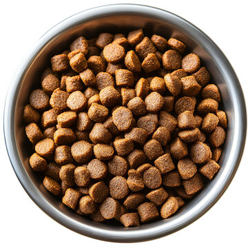 Dog food kibble in bowl top down view healthy pet food