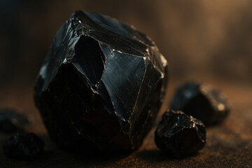 Close-up of a striking black obsidian stone with a rough, textured surface
