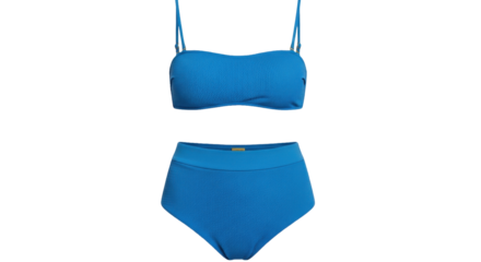 Isolated azure blue high waisted bikini swimsuit for swimming pool or ocean beach vacation