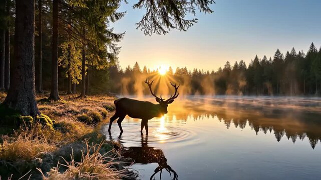 Deer Drinking at Forest Lake Dawn - A majestic deer is drinking water from a serene lake at dawn. The sun is rising over the forest, creating a beautiful golden light and mist on the water.