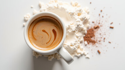 Obraz premium Rich coffee with creamy foam surrounded by cocoa powder and whipped cream creates delightful scene