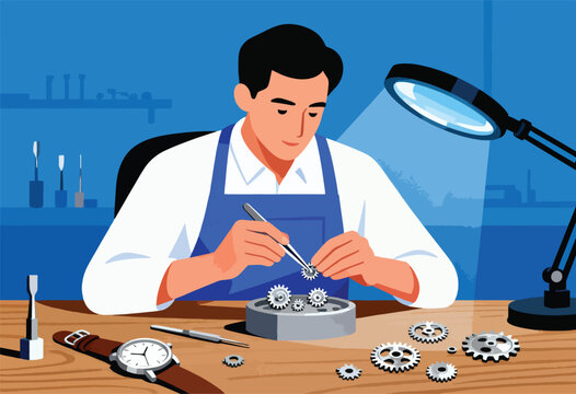 A watchmaker in a white shirt and blue apron meticulously repairs a watch with gears and tools. A lit magnifier overhead
