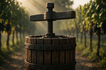 Antique wine press in a vineyard, ready for grape harvest season