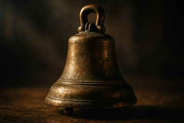 Antique bronze bell on a wooden surface with a dark, moody background