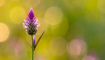 A vibrant, purple-tipped celosia flower stands out against a soft, bokeh-filled green and yellow backdrop