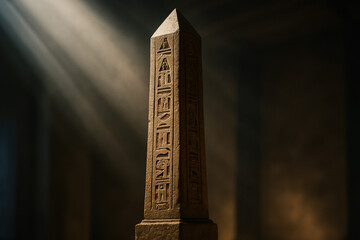 Ancient Egyptian obelisk with hieroglyphs illuminated by dramatic light